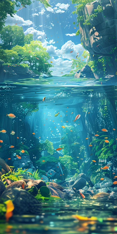 Oriental Art Underwater River 8K Ultra HD Phone Wallpaper