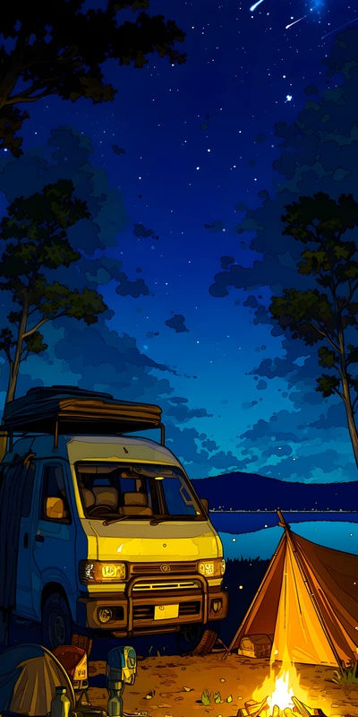 Japanese Anime Camping Night 8K Ultra HD Phone Wallpaper