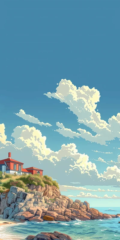 Anime Coastal Cliff House 4K Phone Wallpaper