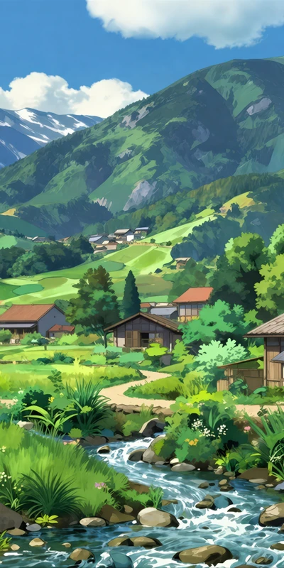 Anime Mountain Village Stream 4K Phone Wallpaper