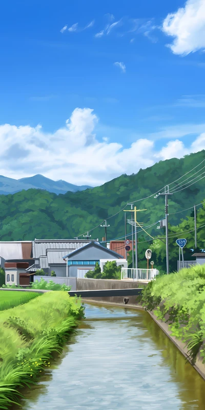 Japanese Rural Canal 8K Ultra HD Phone Wallpaper