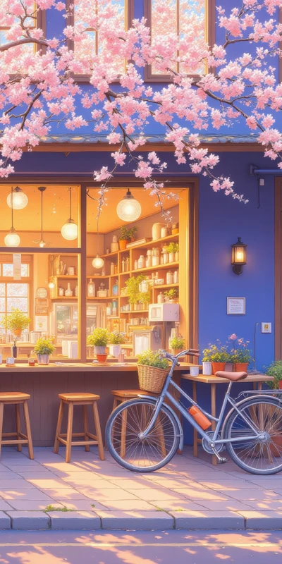 Japanese Cherry Blossom Café 8K Ultra HD Phone Wallpaper