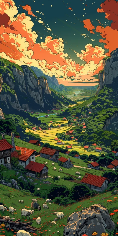 Studio Ghibli Valley Village 8K Ultra HD Phone Wallpaper