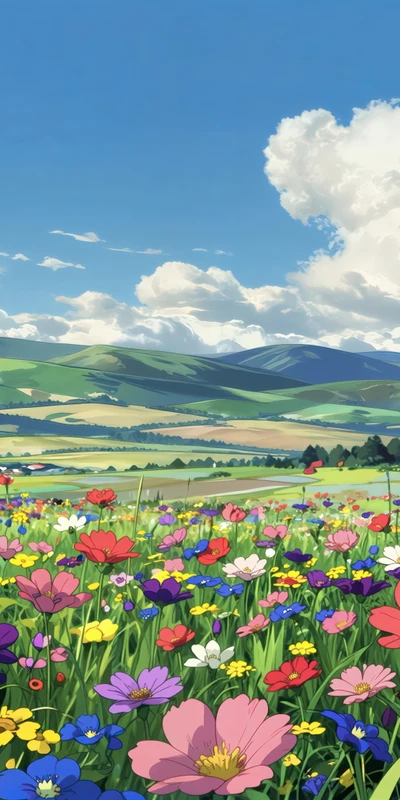 Studio Ghibli Style Flower Field 8K Ultra HD Phone Wallpaper