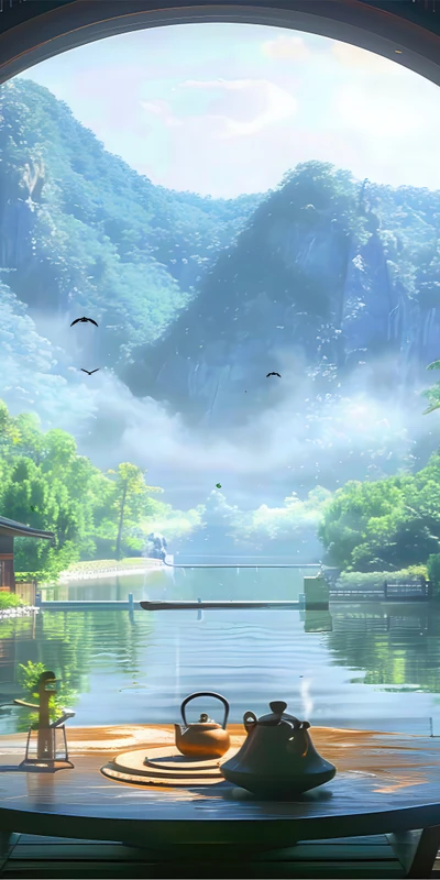 Oriental Tea Garden Mountains 8K Ultra HD Phone Wallpaper