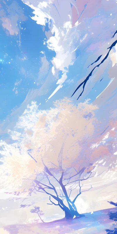 Anime Style Tree Sky 8K Ultra HD Phone Wallpaper