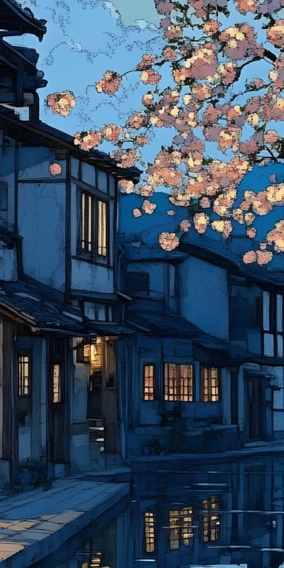 Japanese Cherry Blossom Village 8K Ultra HD Phone Wallpaper