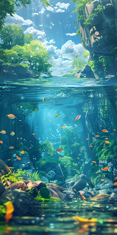 Oriental Art Underwater River 8K Ultra HD Phone Wallpaper