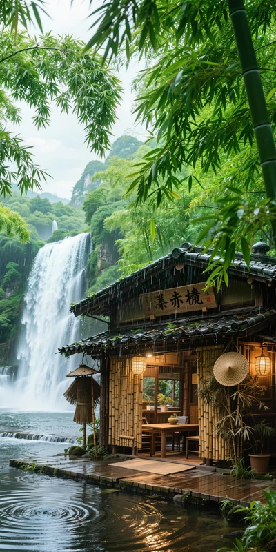 Japanese Bamboo House Waterfall 8K Desktop Wallpaper