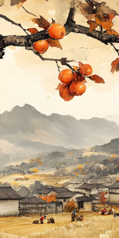 Chinese Style Persimmon Tree 8K Ultra HD Desktop Wallpaper