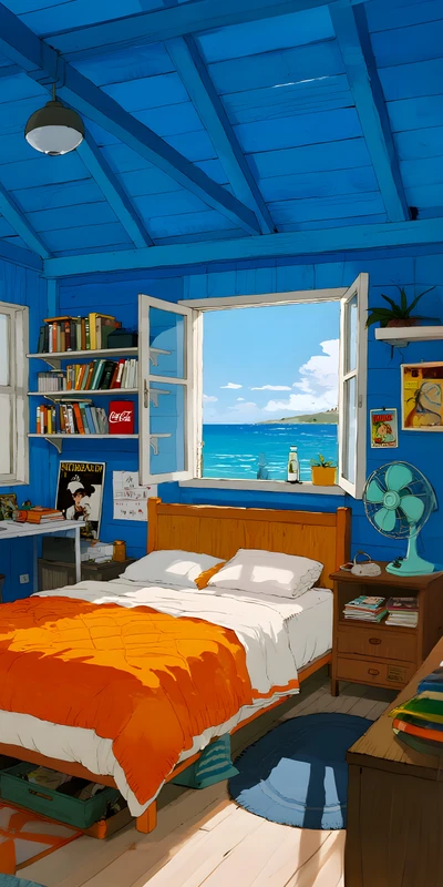 Anime Style Coastal Bedroom 8K Ultra HD Phone Wallpaper