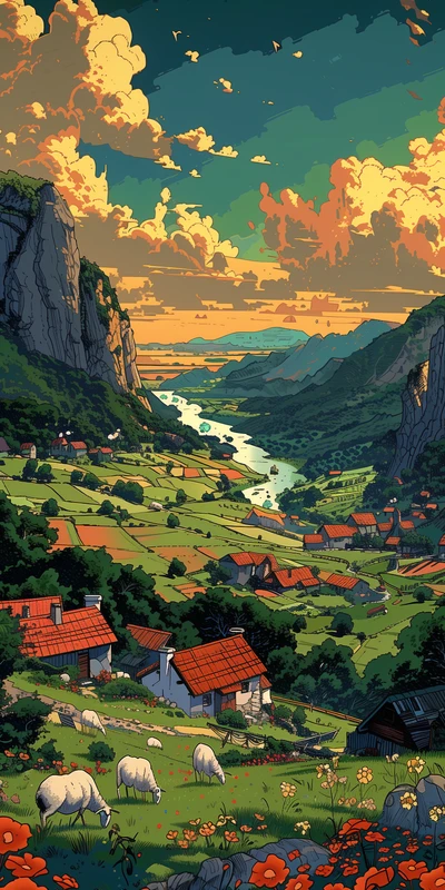 Anime Valley Village 8K Ultra HD Phone Wallpaper