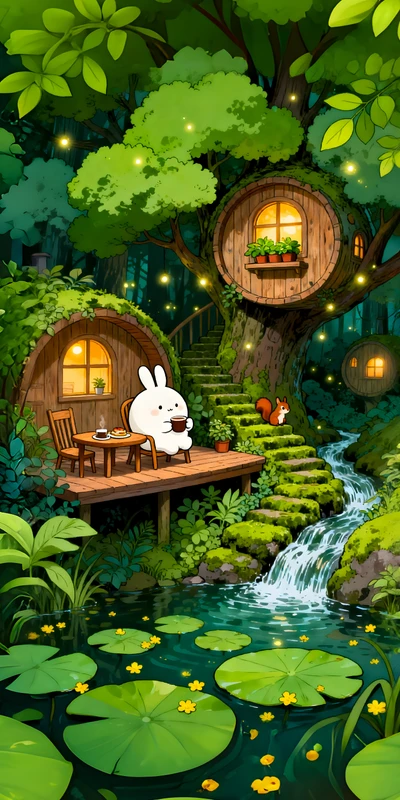 Oriental Art Forest Treehouse 8K Ultra HD Phone Wallpaper