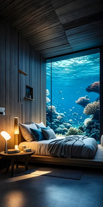 Modern Underwater Bedroom 8K Ultra HD Phone Wallpaper
