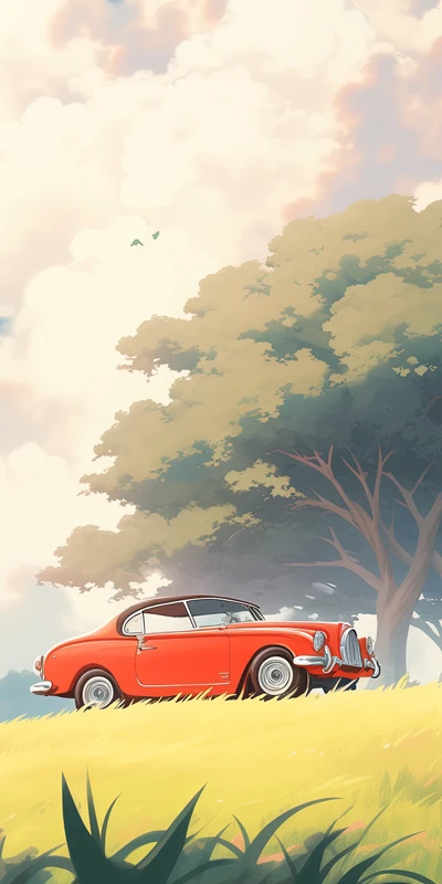 Anime Style Red Car in Grass Field 8K Ultra HD Phone Wallpaper