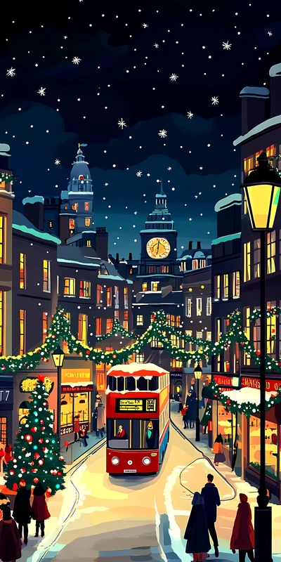 Illustration Christmas City Street 8K Ultra HD Phone Wallpaper