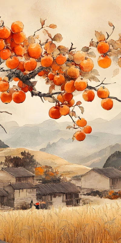Chinese Style Persimmon Tree 8K Ultra HD Desktop Wallpaper