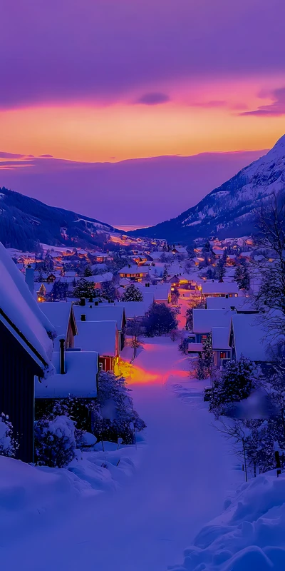 Alpine Winter Village Sunset 8K Ultra HD Phone Wallpaper