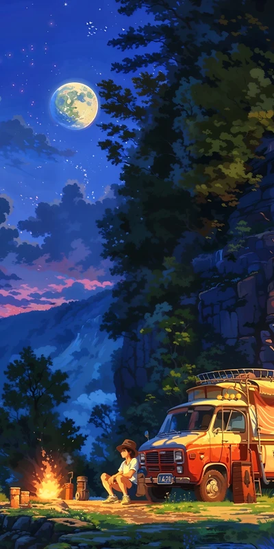 Anime Night Campfire Scene 8K Ultra HD Phone Wallpaper