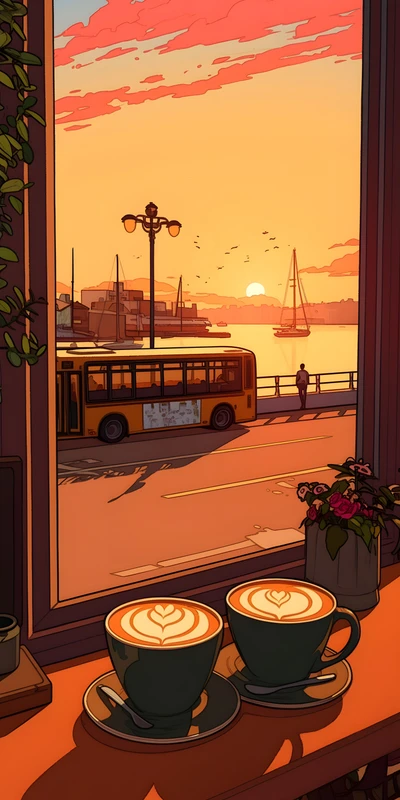 Anime Coastal Sunset and Café 4K 8K Ultra HD Wallpaper Collection - Pack with 3 wallpapers for $1