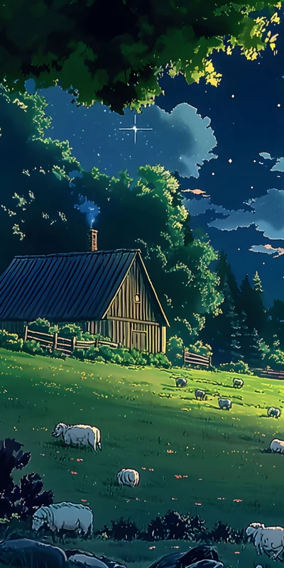 Miyazaki-Style Night Village House 8K Desktop Wallpaper