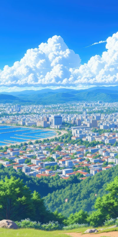 Anime Cityscape Mountains 8K Ultra HD Phone Wallpaper