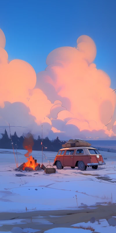 Anime Winter Campfire Scene 8K Ultra HD Phone Wallpaper