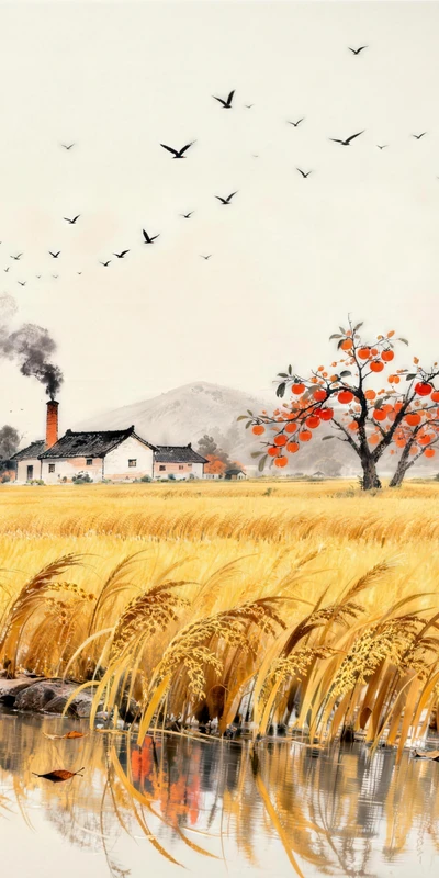 Chinese Style Autumn Rice Fields 8K Desktop Wallpaper
