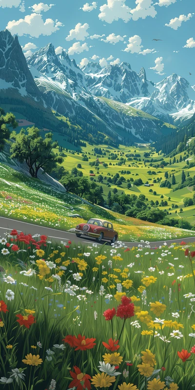 Anime Alpine Valley Flowers 8K Ultra HD Phone Wallpaper