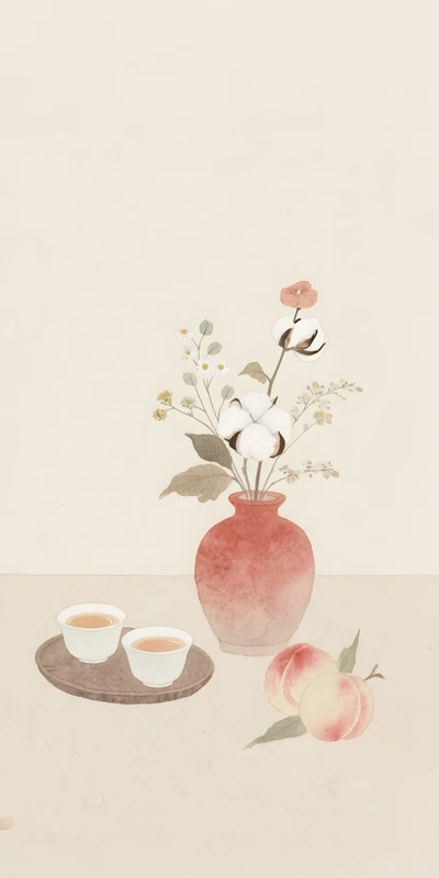 Oriental Art Cotton Flowers and Tea 8K Ultra HD Phone Wallpaper