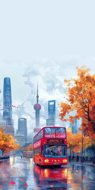 Oriental Urban Autumn Street 8K Ultra HD Phone Wallpaper