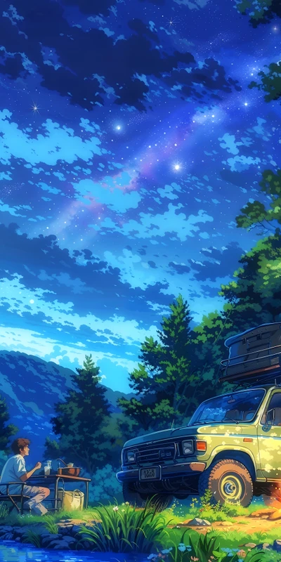 Anime Starry Night Campsite 8K Ultra HD Phone Wallpaper
