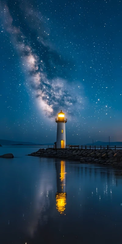 Coastal Lighthouse Starry Night 8K Ultra HD Phone Wallpaper