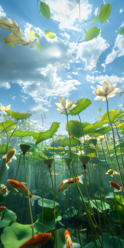 Oriental Art Lotus Pond 8K Ultra HD Phone Wallpaper