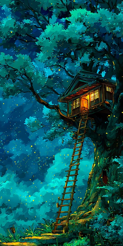 Japanese Anime Treehouse Night 8K Ultra HD Phone Wallpaper