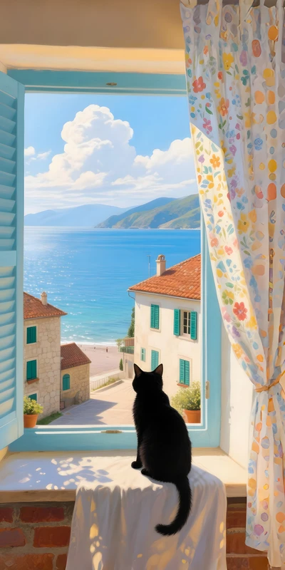 Mediterranean Coastal Cat View 8K Ultra HD Phone Wallpaper