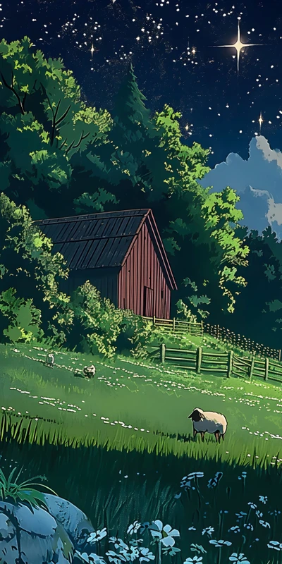 Miyazaki-Style Night Pasture 8K Desktop Wallpaper