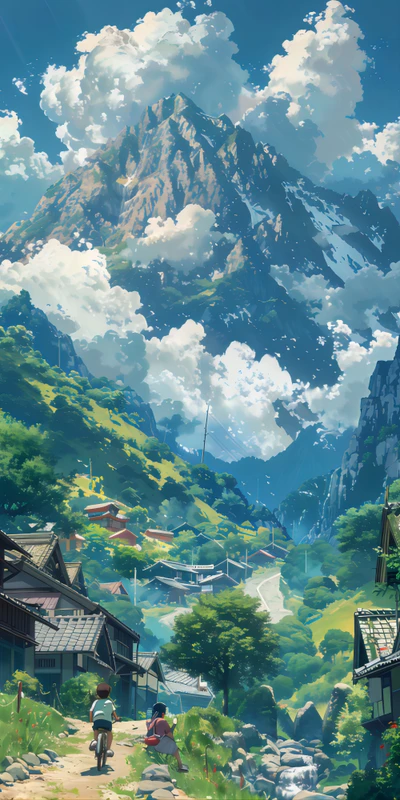 Studio Ghibli-Style Valley Village 8K Desktop Wallpaper