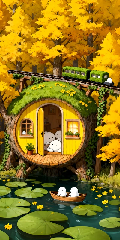 Anime Autumn Treehouse 8K Ultra HD Phone Wallpaper