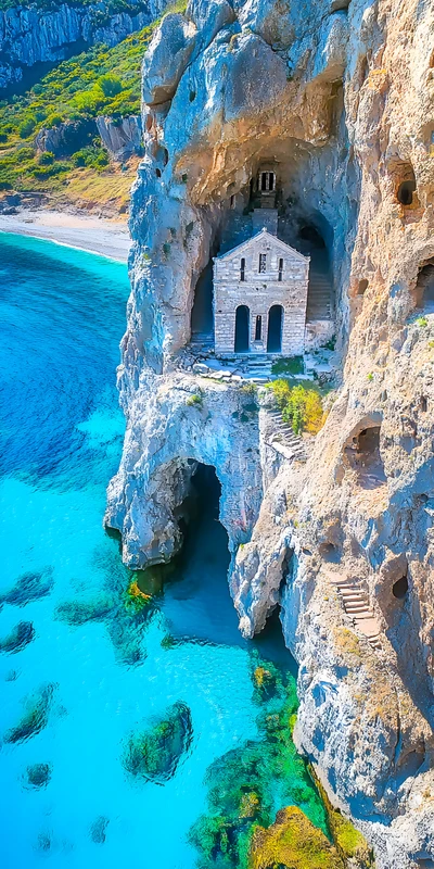 Mediterranean Cliffside Church 8K Ultra HD Phone Wallpaper