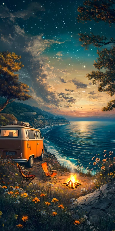 Oriental Art Coastal Campfire 8K Ultra HD Phone Wallpaper