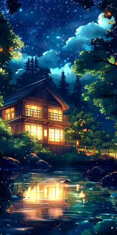 Japanese Forest Cabin Night 8K Ultra HD Phone Wallpaper
