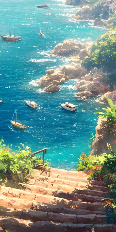 Mediterranean-Style Coastal Stairs 8K Ultra HD Desktop Wallpaper