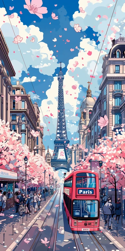 Paris Cherry Blossom Street Scene 8K Ultra HD Desktop Wallpaper