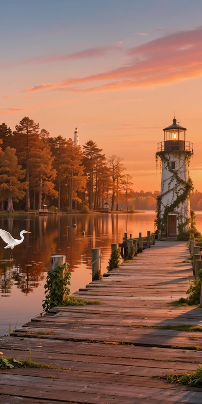 Lakeside Lighthouse Sunset 8K Ultra HD Desktop Wallpaper