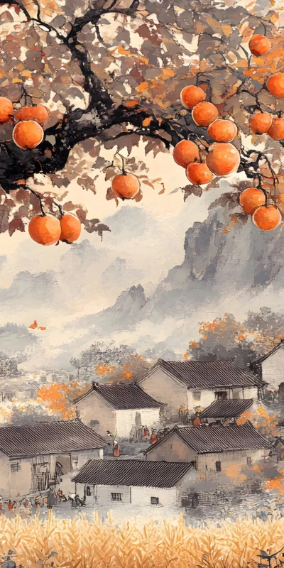 Chinese Style Persimmon Tree 8K Ultra HD Desktop Wallpaper
