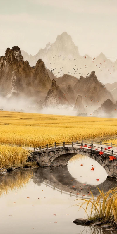 Chinese-style landscape bridge 8K mobile wallpaper