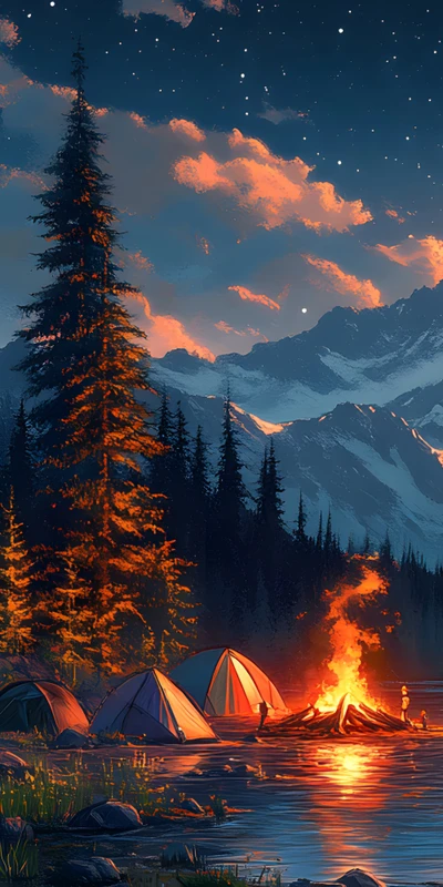Oriental Art Mountain Campfire 8K Ultra HD Phone Wallpaper