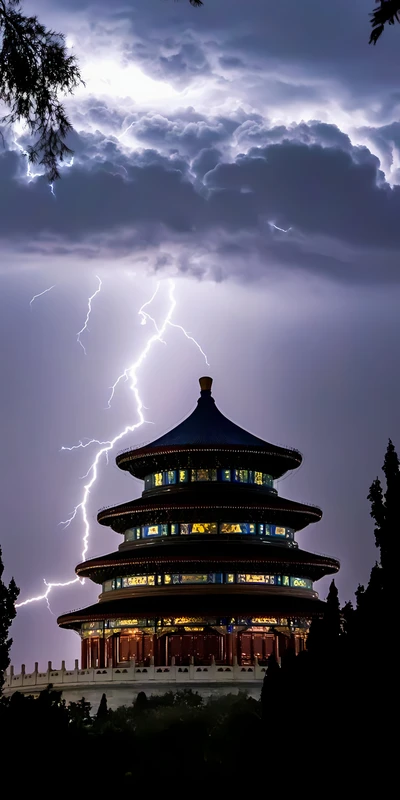 Chinese Temple Lightning Storm 8K Ultra HD Phone Wallpaper