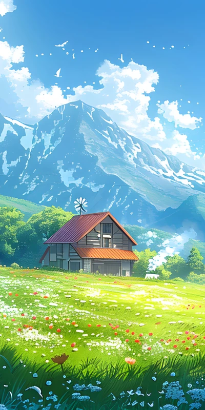 Japanese Anime-Style Mountain Cottage 8K Desktop Wallpaper